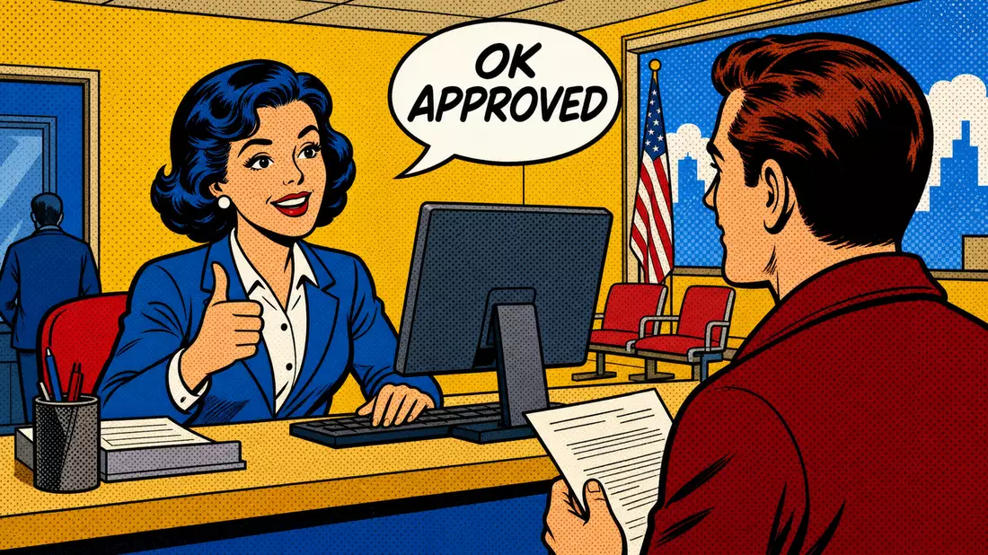 Bunte Pop-Art-Comicillustration einer Sachbearbeiterin am Schalter mit Sprechblase OK APPROVED