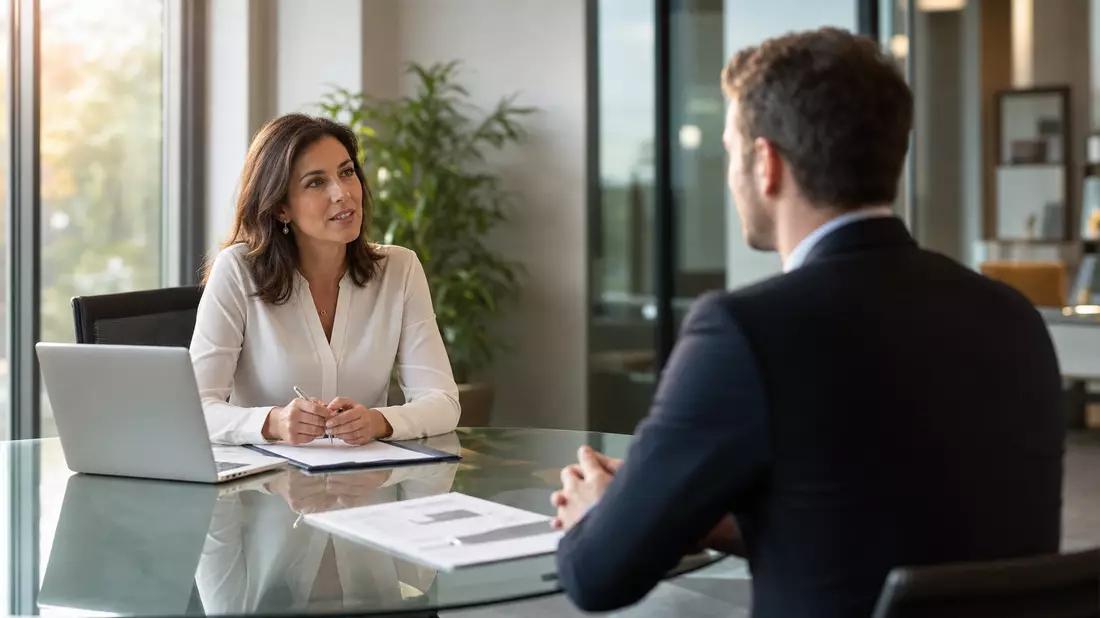 Vorstellungsgespräch im hellen Büro zwischen Personalvermittlerin und Bewerber am Glastisch