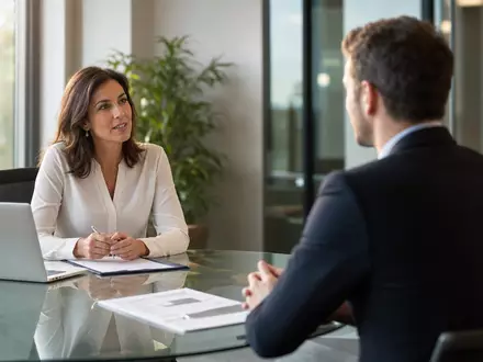 Robert Half Inc. (ISIN US7703231032) zeigt fotorealistisches Vorstellungsgespräch zwischen Recruiterin und Kandidat im modernen Büro - Foto: THN