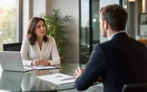 Robert Half Inc. (ISIN US7703231032) zeigt fotorealistisches Vorstellungsgespräch zwischen Recruiterin und Kandidat im modernen Büro - Foto: THN
