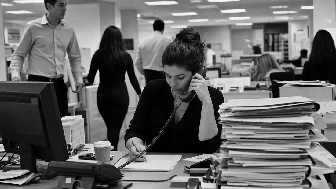 Schwarzweiß-Reportagefoto einer telefonierenden Recruiterin zwischen Aktenstapeln im Büro
