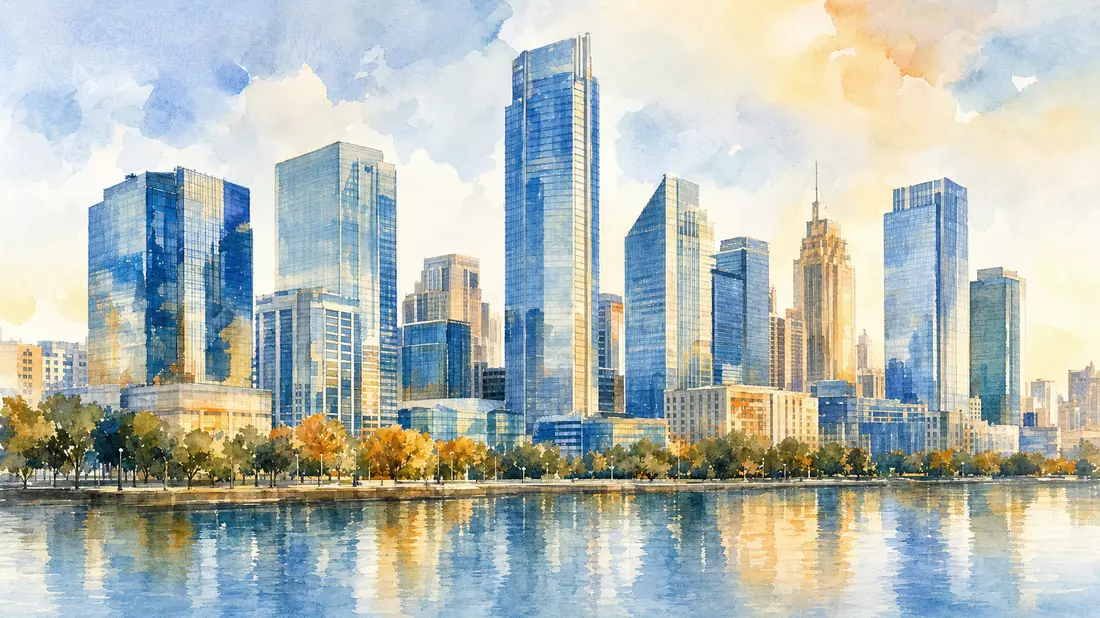 Aquarellmalerei einer Skyline mit Glastürmen und Wasserspiegelung in warmen Farbtönen