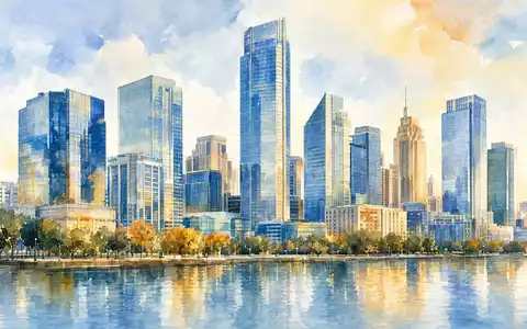 Robert Half Inc. (ISIN US7703231032) präsentiert Aquarell-Illustration einer modernen Innenstadt-Skyline mit Bürotürmen am Wasser - Foto: THN