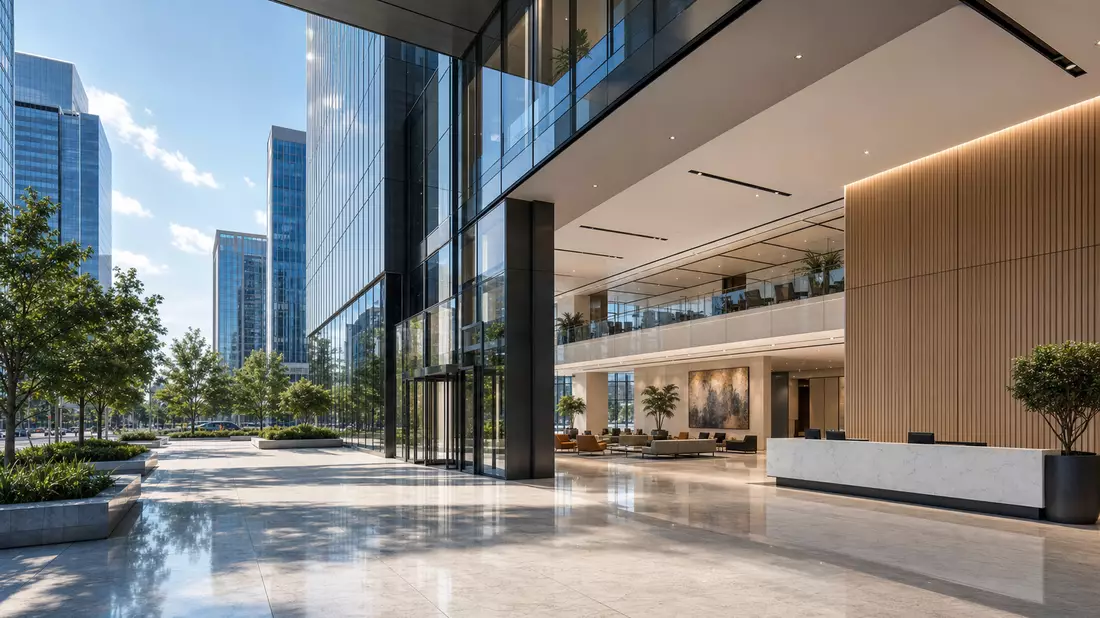 3D-Architekturvisualisierung einer Bürohochhaus-Lobby mit Glasfassade und Empfangstresen