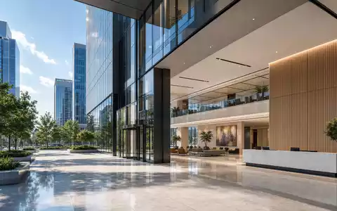 Robert Half Inc. (ISIN US7703231032) zeigt Architektur-Render eines modernen Bürohochhauses mit offener Empfangslobby und Glasfassade - Foto: THN