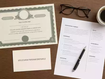 Robert Half Inc. (ISIN US7703231032) inszeniert Flatlay mit Aktienzertifikat, ISIN-Karte, Lebenslauf, Brille und Kaffeetasse - Foto: THN