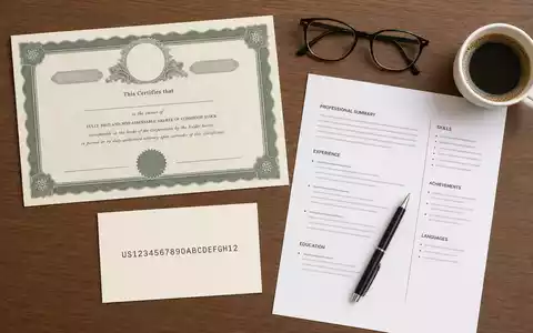Robert Half Inc. (ISIN US7703231032) inszeniert Flatlay mit Aktienzertifikat, ISIN-Karte, Lebenslauf, Brille und Kaffeetasse - Foto: THN