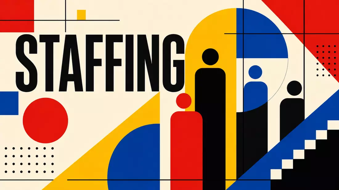 Bauhaus-Poster mit geometrischen Formen, Farbflächen und großem Schriftzug STAFFING