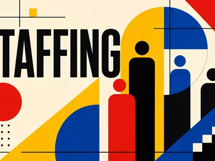 Robert Half Inc. (ISIN US7703231032) präsentiert geometrisches Bauhaus-Poster mit Sektor-Schriftzug STAFFING und stilisierten Figuren - Foto: THN