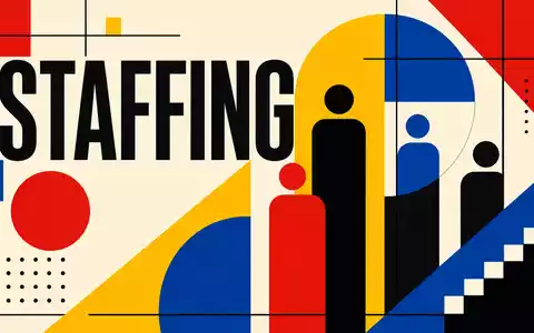 Robert Half Inc. (ISIN US7703231032) präsentiert geometrisches Bauhaus-Poster mit Sektor-Schriftzug STAFFING und stilisierten Figuren - Foto: THN