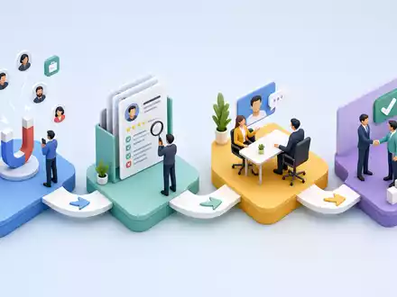 Robert Half Inc. (ISIN US7703231032) veranschaulicht isometrisches 3D-Diagramm des Recruiting-Prozesses von Sourcing bis Vermittlung - Foto: THN