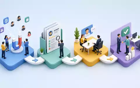 Robert Half Inc. (ISIN US7703231032) veranschaulicht isometrisches 3D-Diagramm des Recruiting-Prozesses von Sourcing bis Vermittlung - Foto: THN