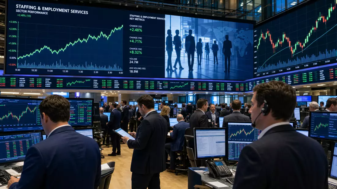 Trading-Floor mit großen Bildschirmen und Charts zum Personaldienstleistungssektor