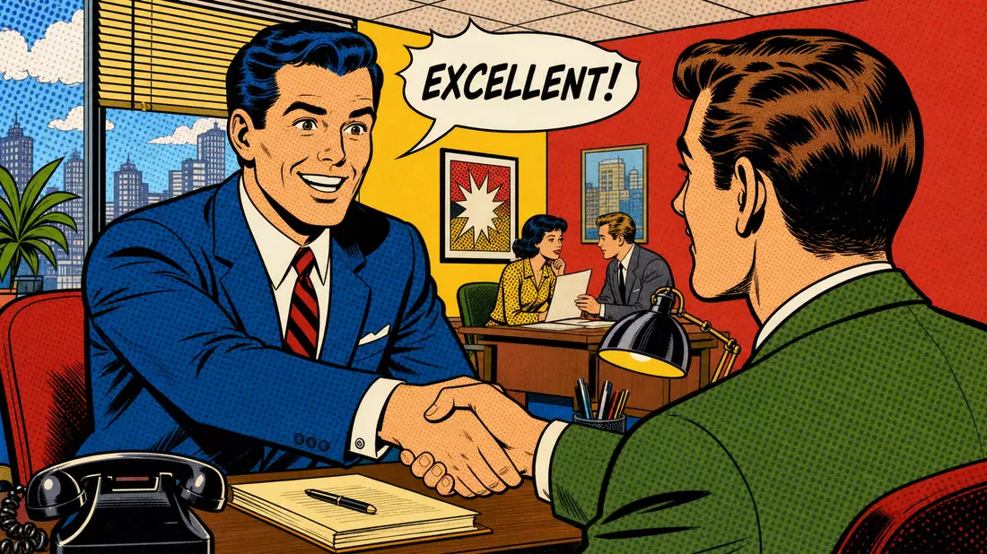 Bunte Pop-Art-Comicillustration eines Handschlags zwischen Recruiter und Bewerber im Büro