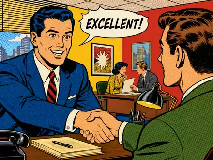 Robert Half Inc. (ISIN US7703231032) inszeniert Pop-Art-Comic-Szene mit Handschlag zwischen Recruiter und Kandidat im Büro - Foto: THN