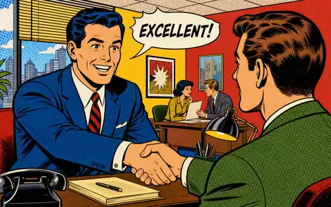 Robert Half Inc. (ISIN US7703231032) inszeniert Pop-Art-Comic-Szene mit Handschlag zwischen Recruiter und Kandidat im Büro - Foto: THN