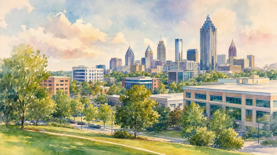 Aquarellbild einer sonnigen amerikanischen Stadtsilhouette mit Bürogebäuden und Bäumen