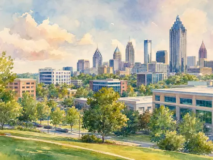 Aquarellmalerei einer amerikanischen Stadtlandschaft repräsentiert Rollins Inc., Aktie mit ISIN US7757111049, künstlerisch interpretiert - Foto: THN