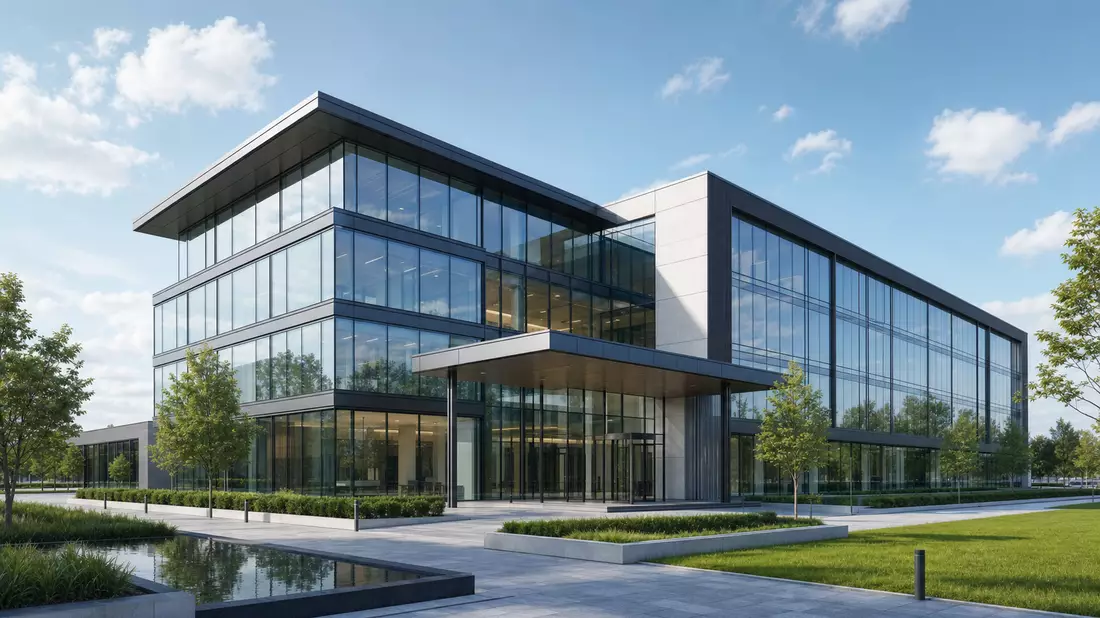 Modernes Glas-Bürogebäude als Architektur-Rendering mit Grünflächen und Wasserbecken
