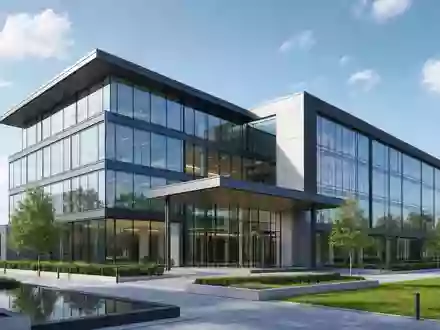 Architektonisches 3D-Render eines modernen Bürogebäudes symbolisiert Rollins Inc., Aktie ISIN US7757111049, zeitgenössisch gestaltet - Foto: THN