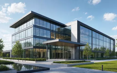 Architektonisches 3D-Render eines modernen Bürogebäudes symbolisiert Rollins Inc., Aktie ISIN US7757111049, zeitgenössisch gestaltet - Foto: THN