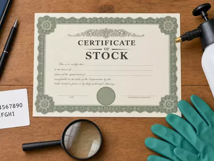 Flatlay-Arrangement mit Aktienzertifikat und Schädlingsbekämpfungs-Utensilien visualisiert Rollins Inc. Aktie mit der ISIN US7757111049 im Finanzkontext - Foto: THN