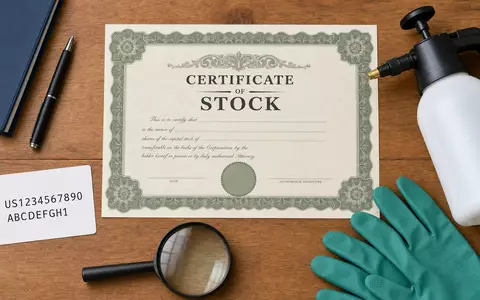 Flatlay-Arrangement mit Aktienzertifikat und Schädlingsbekämpfungs-Utensilien visualisiert Rollins Inc. Aktie mit der ISIN US7757111049 im Finanzkontext - Foto: THN