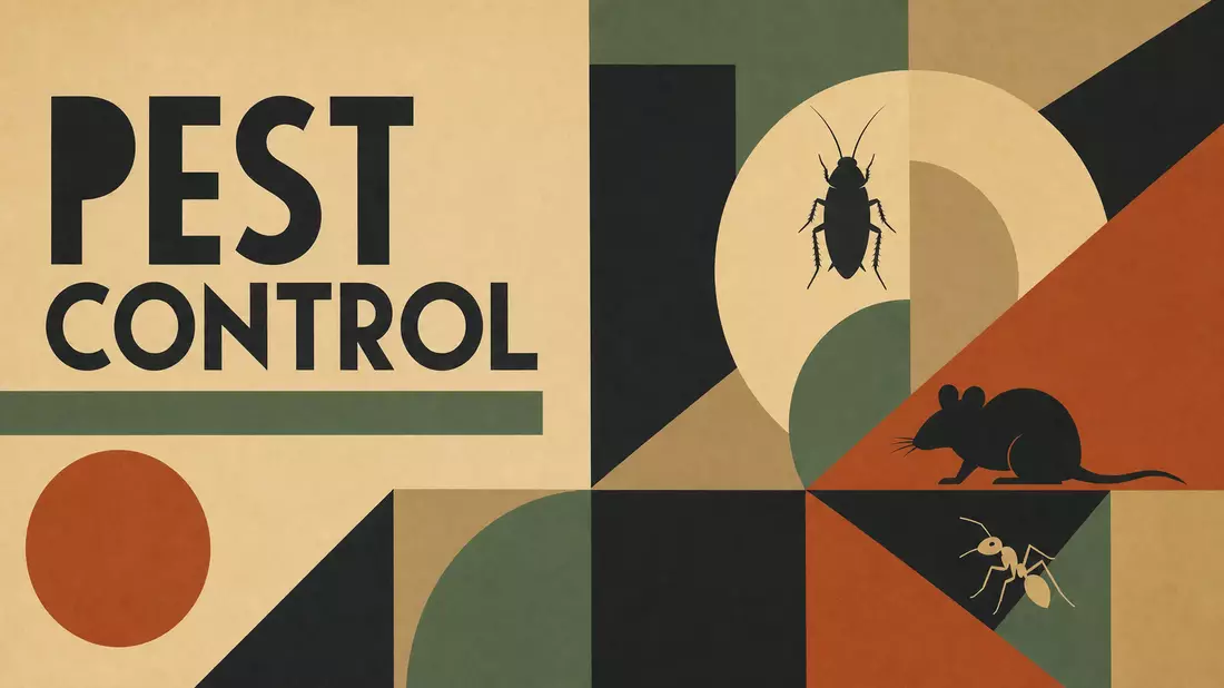 Geometrisches Bauhaus-Poster mit Schriftzug Pest Control und stilisierten Insekten