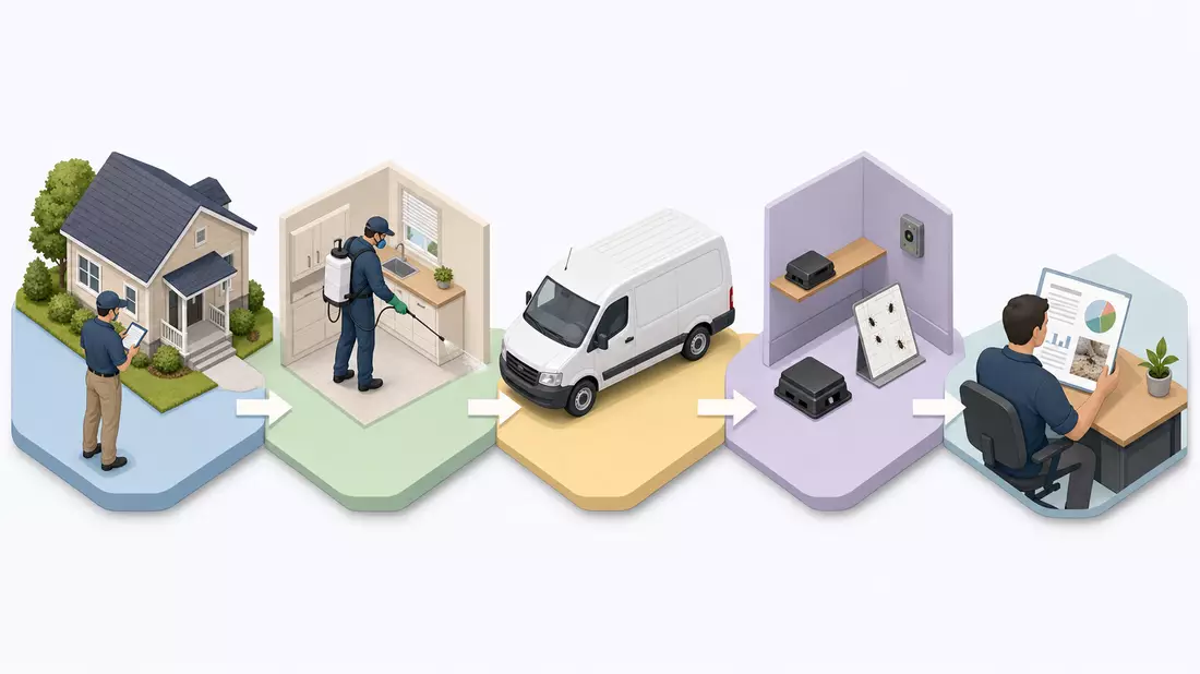 Isometrische Illustration der Schädlingsbekämpfungs-Wertschöpfungskette von Inspektion bis Kundenbericht