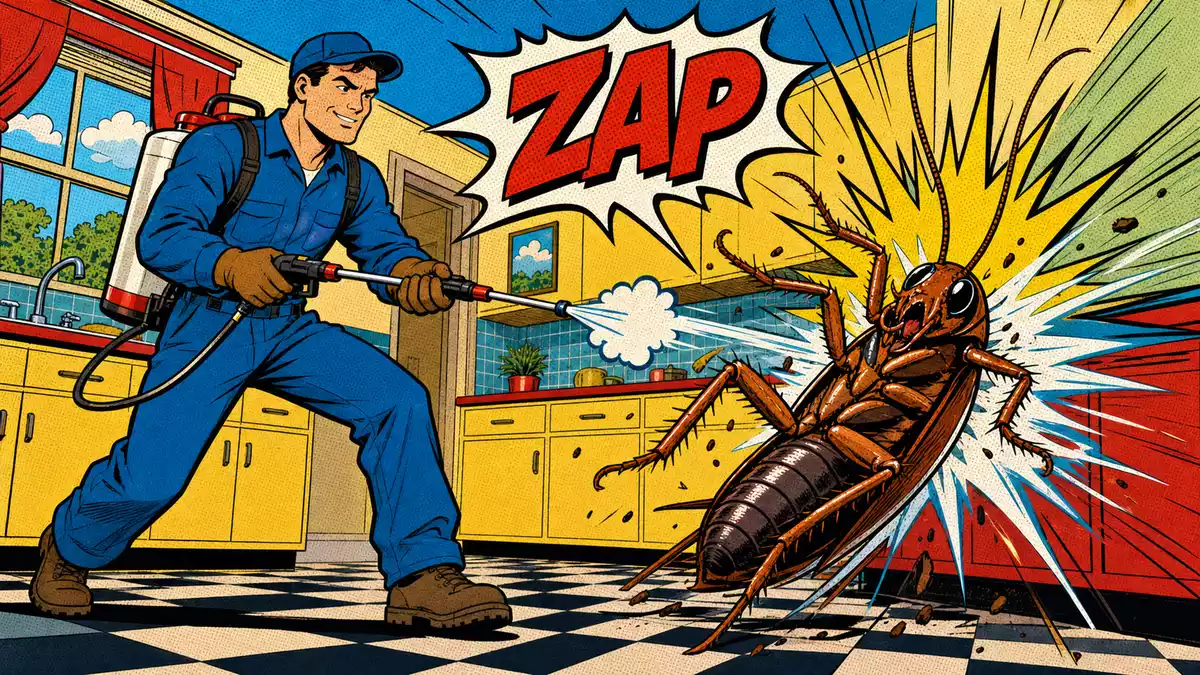 Comic-Illustration eines Kammerjägers beim Besprühen einer riesigen Comic-Kakerlake