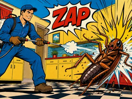 Pop-Art-Comic-Szene mit Kammerjäger und Insekt symbolisiert humorvoll Rollins Inc., Aktie ISIN US7757111049, farbenfroh gestaltet - Foto: THN