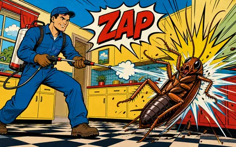 Pop-Art-Comic-Szene mit Kammerjäger und Insekt symbolisiert humorvoll Rollins Inc., Aktie ISIN US7757111049, farbenfroh gestaltet - Foto: THN