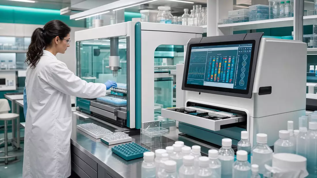 Labor mit Wissenschaftlerin an Sequenziergerät und Reagenzflaschen
