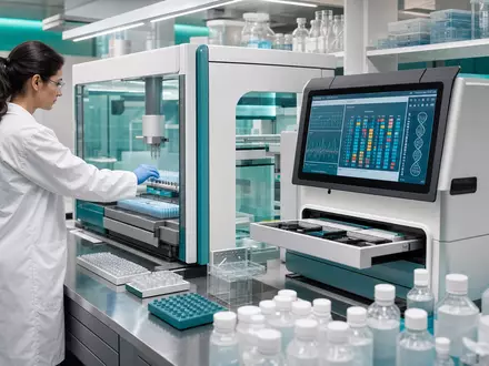 Fotorealistisches Life-Sciences-Labor zeigt Revvity Inc. (ISIN US76155R1086) mit automatisiertem Sequenziergerät und Reagenzien - Foto: THN