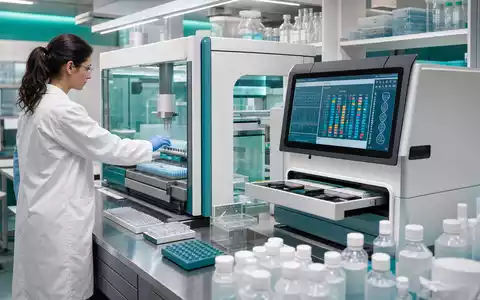Fotorealistisches Life-Sciences-Labor zeigt Revvity Inc. (ISIN US76155R1086) mit automatisiertem Sequenziergerät und Reagenzien - Foto: THN
