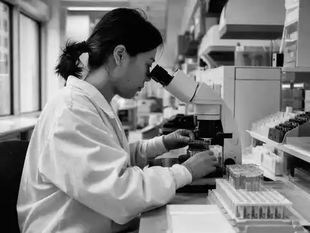 Schwarzweiß-Reportage dokumentiert Diagnostik-Alltag bei Revvity Inc. (ISIN US76155R1086) mit Mikroskop und Probenröhrchen - Foto: THN