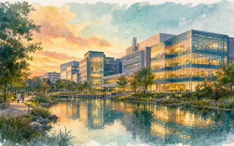Aquarellmalerei zeigt Forschungscampus im Stil von Revvity Inc. (ISIN US76155R1086) bei goldenem Abendlicht am Wasser - Foto: THN
