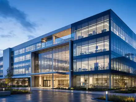 Architektur-Render eines modernen Forschungsgebäudes symbolisiert Revvity Inc. (ISIN US76155R1086) zur blauen Stunde beleuchtet - Foto: THN