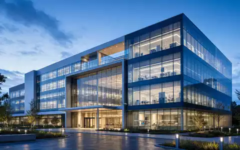 Architektur-Render eines modernen Forschungsgebäudes symbolisiert Revvity Inc. (ISIN US76155R1086) zur blauen Stunde beleuchtet - Foto: THN