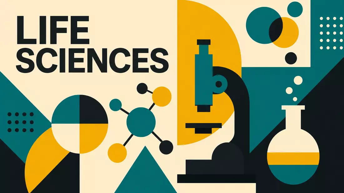 Geometrisches Bauhaus-Poster mit Mikroskop und Kolben-Symbolen