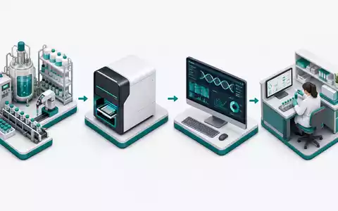 Isometrische 3D-Grafik stellt die Wertschöpfungskette von Revvity Inc. (ISIN US76155R1086) von Reagenz bis Datenanalyse dar - Foto: THN