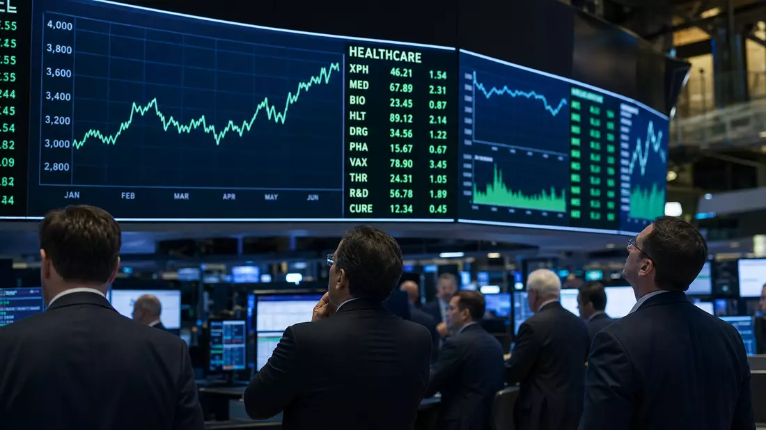 Trading-Floor mit Bildschirmen und Healthcare-Aktienkursen