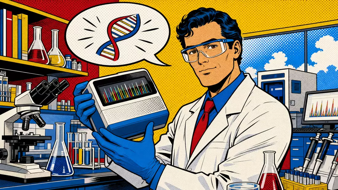 Comic-Illustration eines Wissenschaftlers mit Genom-Sequenziergerät