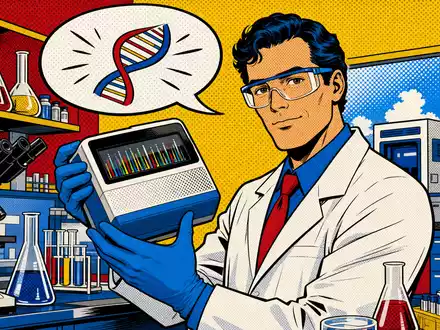 Pop-Art-Comic zeigt Wissenschaftler mit Sequenziergerät als bunte Illustration für Revvity Inc. (ISIN US76155R1086) im Diagnostikbereich - Foto: THN