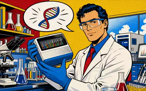 Pop-Art-Comic zeigt Wissenschaftler mit Sequenziergerät als bunte Illustration für Revvity Inc. (ISIN US76155R1086) im Diagnostikbereich - Foto: THN