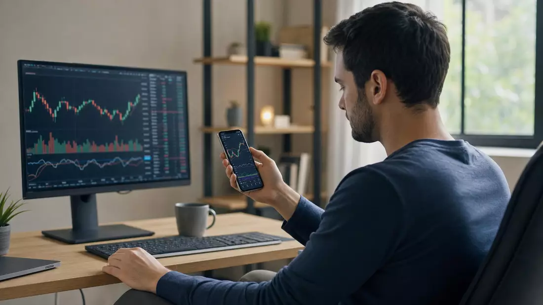 Trader betrachtet abstrakte Börsenkurven auf Smartphone und Monitor im Homeoffice