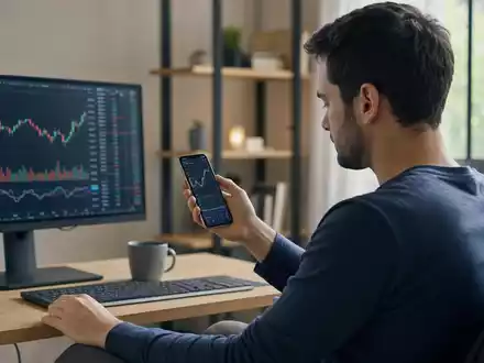 Robinhood Markets US7707031024 zeigt Retail-Trader mit Smartphone und anonymer Trading-Oberfläche am heimischen Schreibtisch - Foto: THN