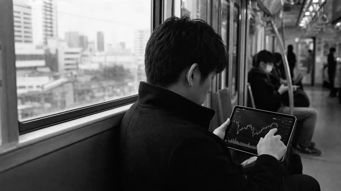 Schwarzweiß-Reportagefoto eines Pendlers mit Tablet und Aktiencharts in der U-Bahn