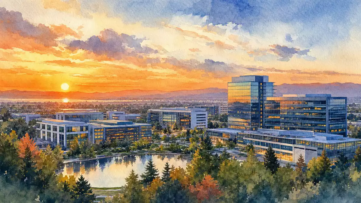 Aquarell eines Bürocampus mit Glasgebäuden, Teich und Bäumen im warmen Abendlicht
