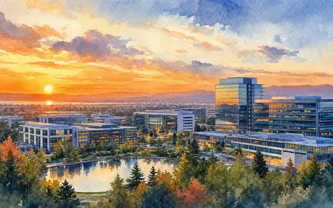 Robinhood Markets US7707031024 präsentiert Aquarellmalerei eines modernen Tech-Bürocampus in Menlo Park bei Sonnenuntergang - Foto: THN